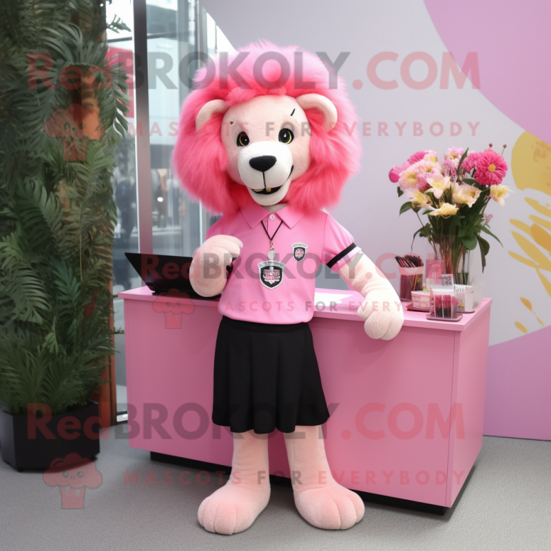 Pink Lion mascot costume character dressed with a Pencil Skirt and Lapel pins Pink Lion mascot costume character dressed with a Pencil Skirt and Lapel pins