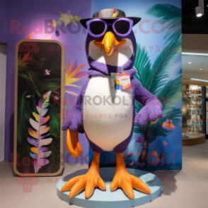 Lavender Toucan mascot costume character dressed with a Bikini and Sunglasses