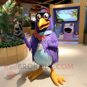 Lavender Toucan mascot costume character dressed with a Bikini and Sunglasses