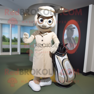 Beige Golf Bag mascot costume character dressed with a Wrap Dress and Tie pins