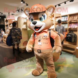 Peach Wolf mascot costume character dressed with a Overalls and Messenger bags