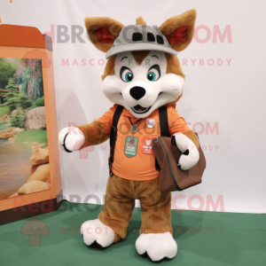 Peach Wolf mascot costume character dressed with a Overalls and Messenger bags