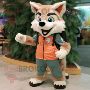 Peach Wolf mascot costume character dressed with a Overalls and Messenger bags