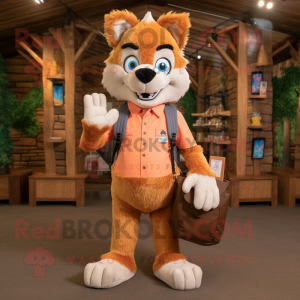 Peach Wolf mascot costume character dressed with a Overalls and Messenger bags