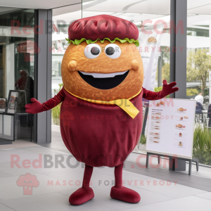 Maroon Hamburger mascot costume character dressed with a Long Sleeve Tee and Earrings