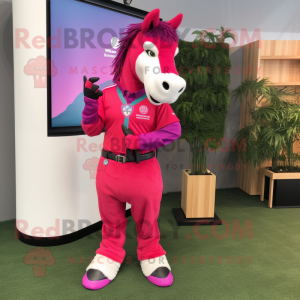 Magenta Horse mascot costume character dressed with a Bermuda Shorts and Bracelet watches