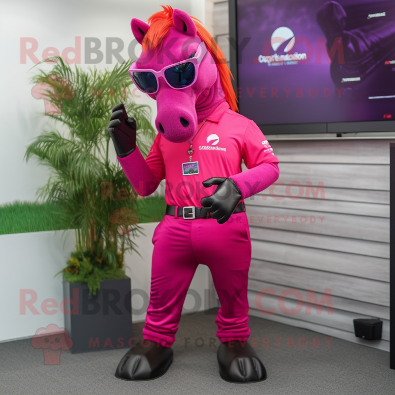 Magenta Horse mascot costume character dressed with a Bermuda Shorts and Bracelet watches