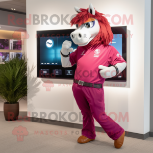 Magenta Horse mascot costume character dressed with a Bermuda Shorts and Bracelet watches