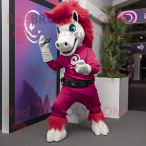 Magenta Horse mascot costume character dressed with a Bermuda Shorts and Bracelet watches