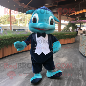 Teal Killer Whale mascot costume character dressed with a Dress Shirt and Clutch bags