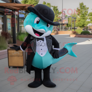 Teal Killer Whale mascot costume character dressed with a Dress Shirt and Clutch bags