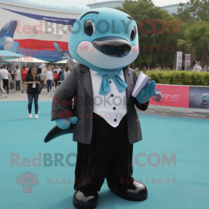Teal Killer Whale mascot costume character dressed with a Dress Shirt and Clutch bags