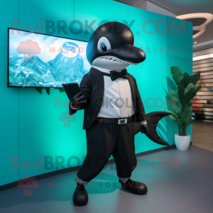 Teal Killer Whale mascot costume character dressed with a Dress Shirt and Clutch bags