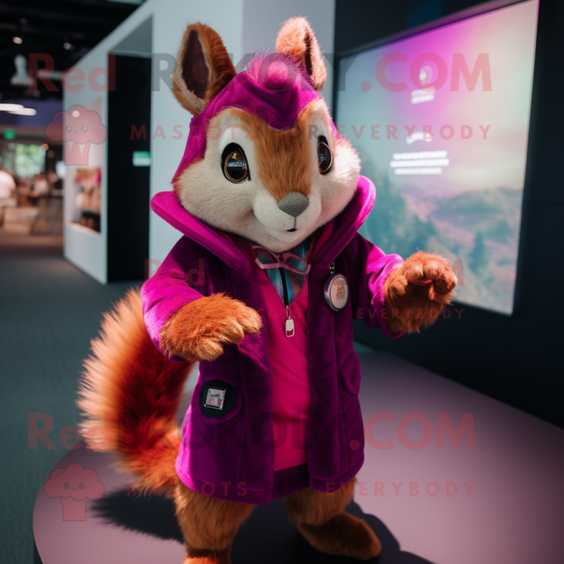 Magenta Squirrel mascot costume character dressed with a Waistcoat and Keychains Magenta Squirrel mascot costume character dressed with a Waistcoat and Keychains