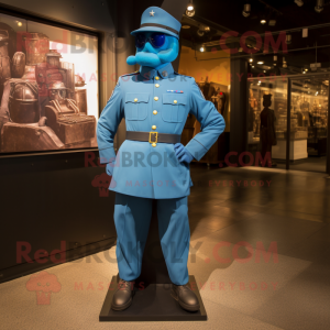 Blue American Soldier mascot costume character dressed with a Suit Pants and Cummerbunds