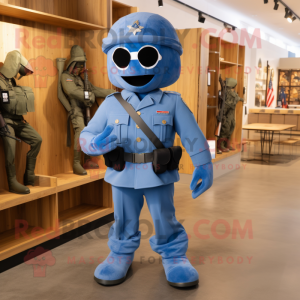 Blue American Soldier mascot costume character dressed with a Suit Pants and Cummerbunds