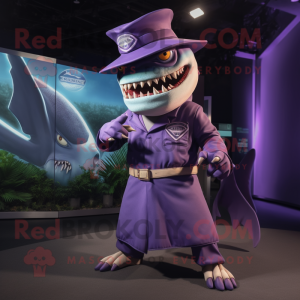 Purple Megalodon mascot costume character dressed with a Wrap Skirt and Hats