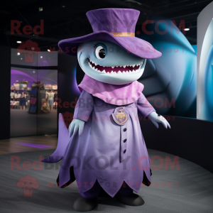 Purple Megalodon mascot costume character dressed with a Wrap Skirt and Hats