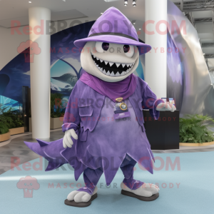 Purple Megalodon mascot costume character dressed with a Wrap Skirt and Hats