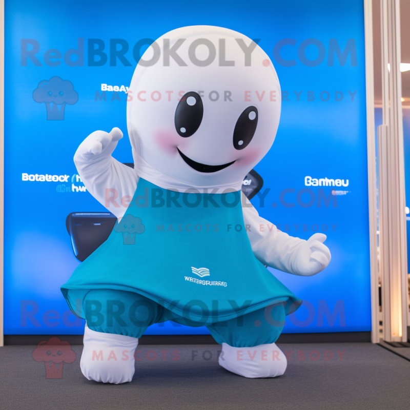 Cyan Beluga Whale mascot costume character dressed with a Yoga Pants and Digital watches