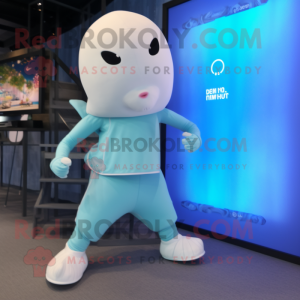 Cyan Beluga Whale mascot costume character dressed with a Yoga Pants and Digital watches