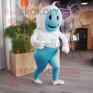 Cyan Beluga Whale mascot costume character dressed with a Yoga Pants and Digital watches