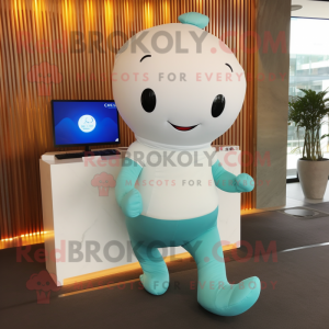 Cyan Beluga Whale mascot costume character dressed with a Yoga Pants and Digital watches