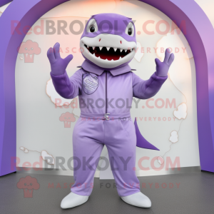 Lavender Shark mascot costume character dressed with a Jumpsuit and Belts