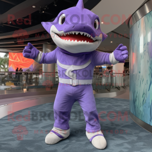 Lavender Shark mascot costume character dressed with a Jumpsuit and Belts