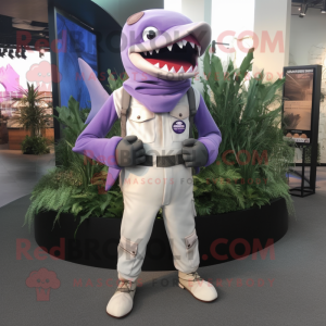 Lavender Shark mascot costume character dressed with a Jumpsuit and Belts