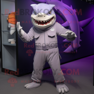 Lavender Shark mascot costume character dressed with a Jumpsuit and Belts