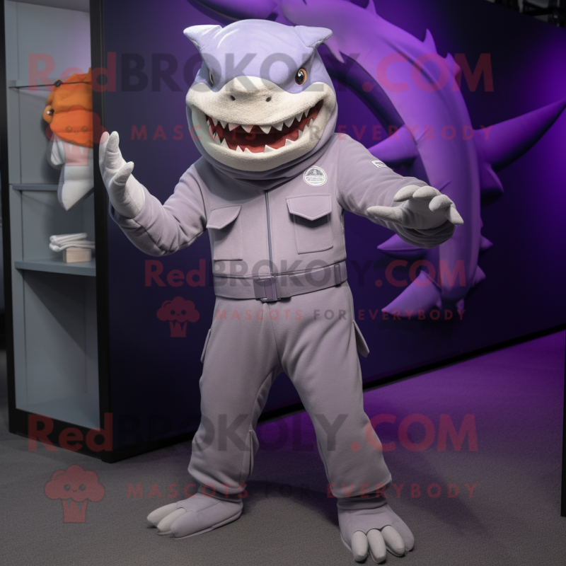 Lavender Shark mascot costume character dressed with a Jumpsuit and Belts Lavender Shark mascot costume character dressed with a Jumpsuit and Belts