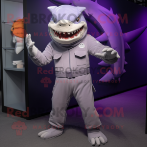 Lavender Shark mascot costume character dressed with a Jumpsuit and Belts