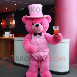 Pink Teddy Bear mascot costume character dressed with a Cocktail Dress and Hats