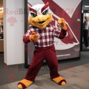 Maroon Hawk mascot costume character dressed with a Jumpsuit and Pocket squares