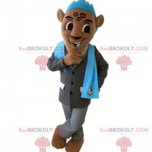 Mascotte bruine tijger met een pak en een blauwe kuif -