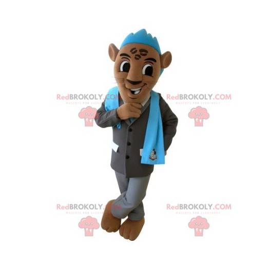 Mascota del tigre marrón con un traje y una cresta azul -