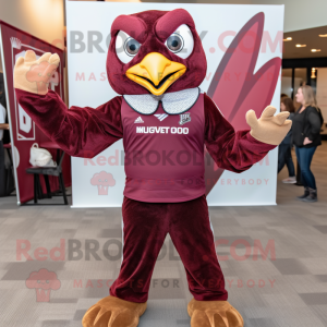 Maroon Hawk mascot costume character dressed with a Jumpsuit and Pocket squares