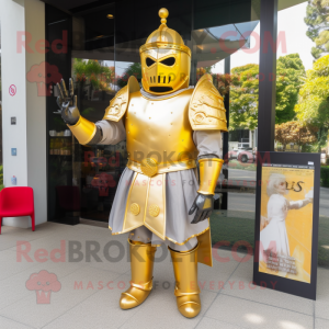 Gold Medieval Knight mascot costume character dressed with a Skirt and Belts