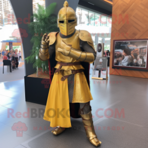 Gold Medieval Knight mascot costume character dressed with a Skirt and Belts