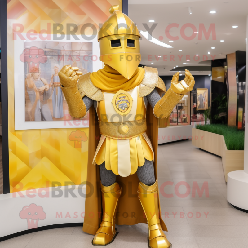 Gold Medieval Knight mascot costume character dressed with a Skirt and Belts