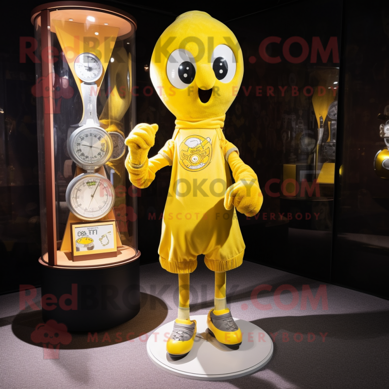 Yellow Hourglass mascot costume character dressed with a Graphic Tee and Anklets