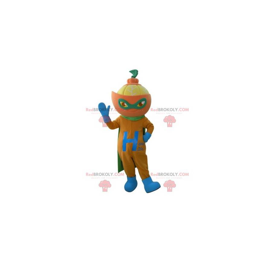 Mascotte de mandarine en tenue de super-héros - Redbrokoly.com