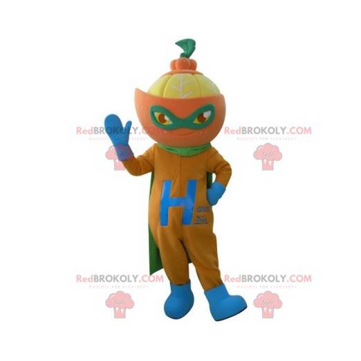 Mascote mandarim com roupa de super-herói - Redbrokoly.com