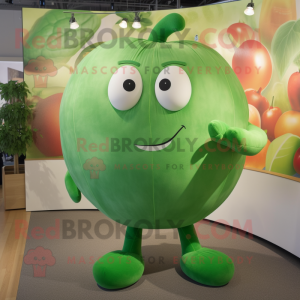 Green Tomato mascot costume character dressed with a Romper and Foot pads
