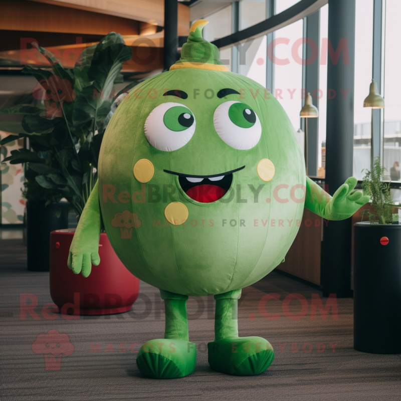 Green Tomato mascot costume character dressed with a Romper and Foot pads