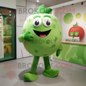 Green Tomato mascot costume character dressed with a Romper and Foot pads