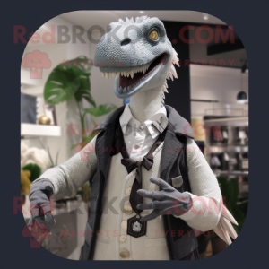 Silver Utahraptor mascot costume character dressed with a Cardigan and Lapel pins