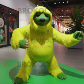 Lime Green Giant Sloth mascot costume character dressed with a Sweater and Anklets