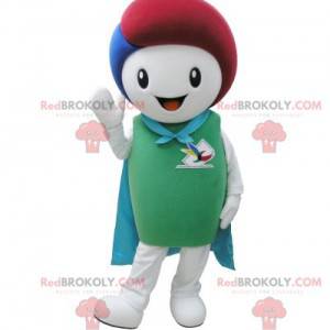 Mascote do boneco de neve branco e verde com uma capa -